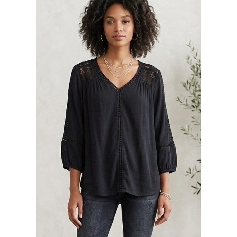 John Paul Richard Raelinn Crochet Top Women's Sz M Black Goth Sheer Peasant NWT